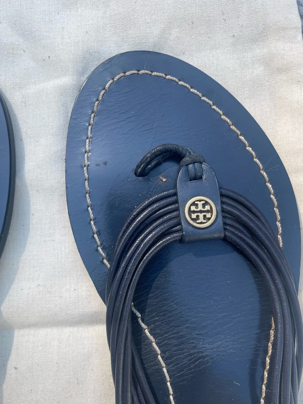 Tory Burch Navy Leather Multi-Strap Thong Sandals